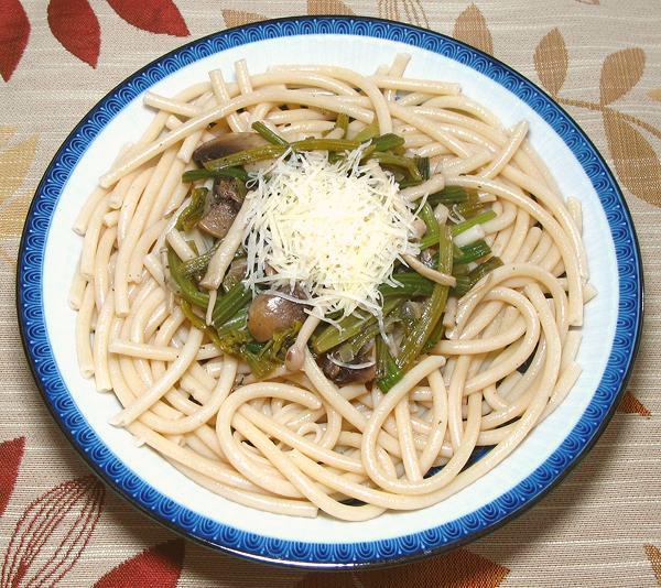 Dish of Pasta with Spinach Stems & 'Shrooms