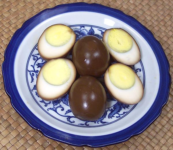 Dish of Soy Eggs, two cut