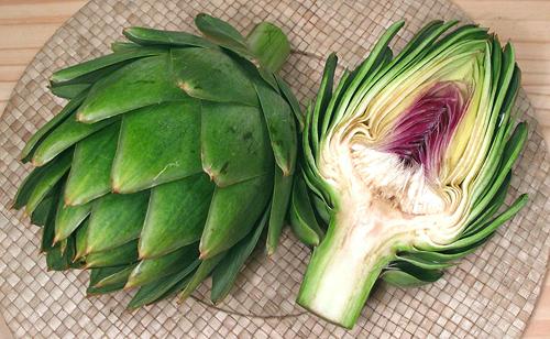 Whole and Cut Green Globe Artichoke