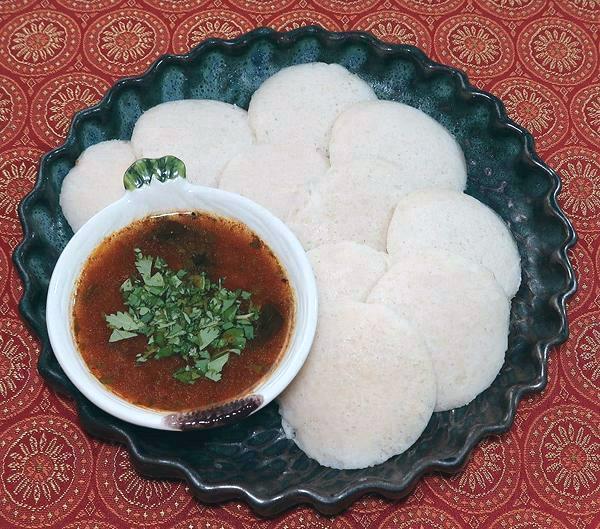 Dish Idli Rice Cakes with Rasam Dip