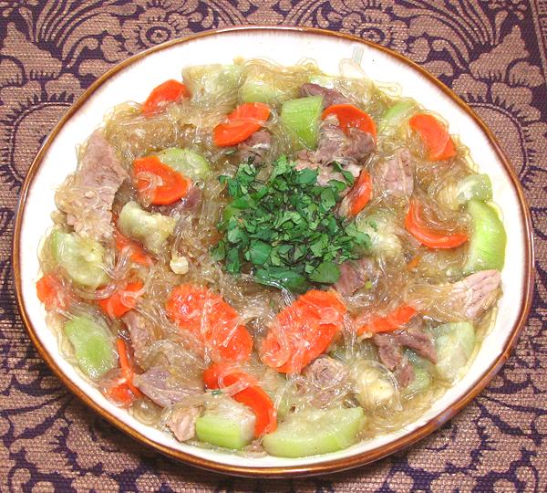 Bowl of Pork Stir Fry with Luffa, Carrots