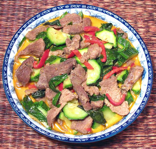 Dish of Red Curry with Pork and Zucchini